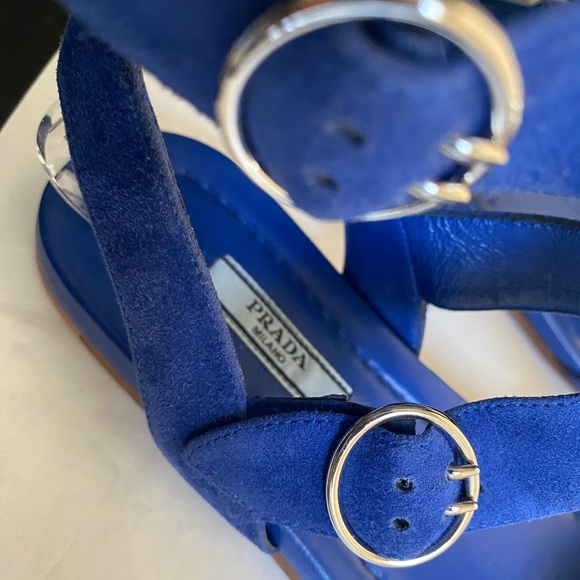 Prada blue suede leather sandals size 37 flats ankle strap mules slides slip ons - Picture 5 of 9